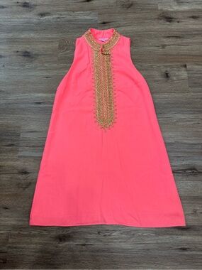 Lilly Pulitzer Neon Coral Sleeveless A-Line Dress with Gold Embroidery